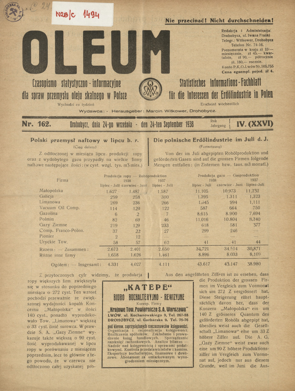 Oleum : czasopismo statystyczno-informacyjne dla spraw przemysłu oleju skalnego w Polsce, R. 4, nr 162
