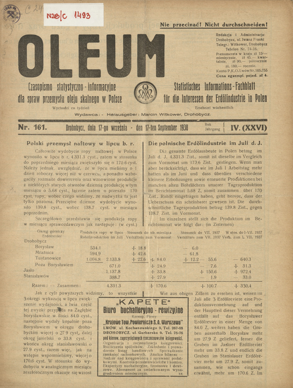 Oleum : czasopismo statystyczno-informacyjne dla spraw przemysłu oleju skalnego w Polsce, R. 4, nr 161