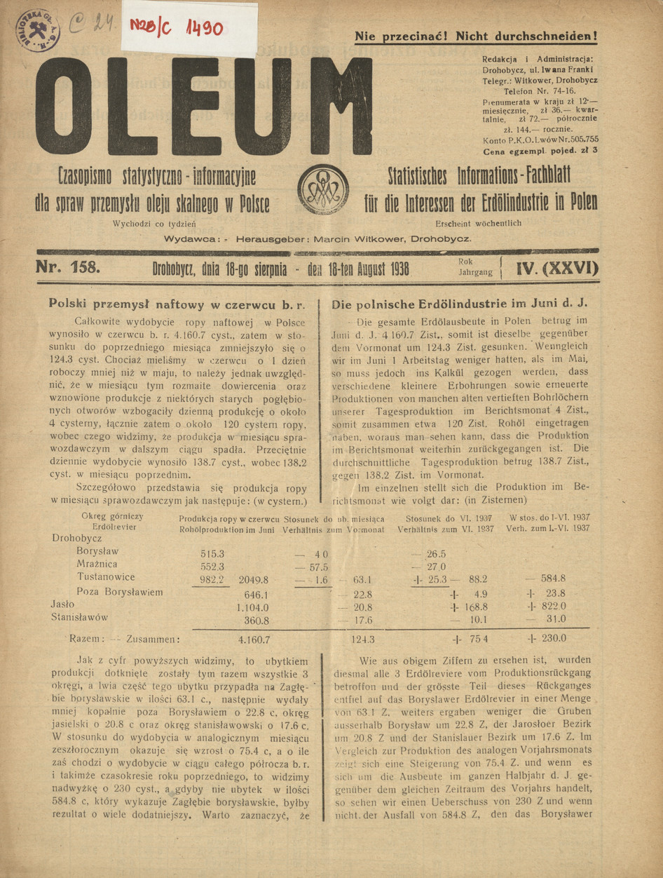 Oleum : czasopismo statystyczno-informacyjne dla spraw przemysłu oleju skalnego w Polsce, R. 4, nr 158