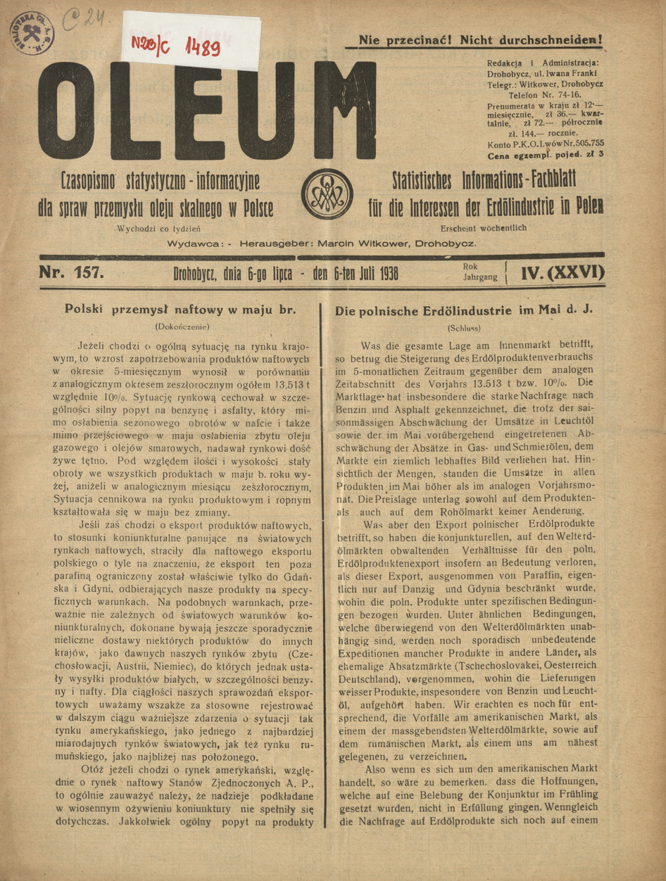 Oleum : czasopismo statystyczno-informacyjne dla spraw przemysłu oleju skalnego w Polsce, R. 4, nr 157
