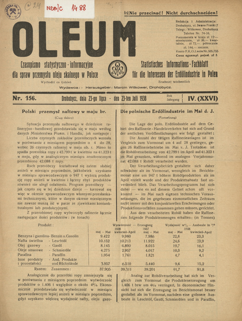 Oleum : czasopismo statystyczno-informacyjne dla spraw przemysłu oleju skalnego w Polsce, R. 4, nr 156