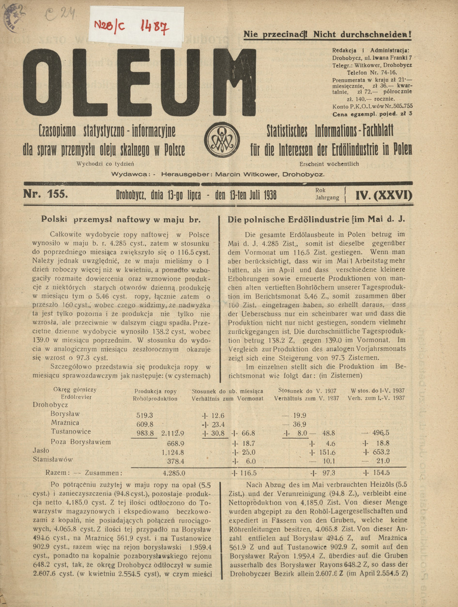 Oleum : czasopismo statystyczno-informacyjne dla spraw przemysłu oleju skalnego w Polsce, R. 4, nr 155