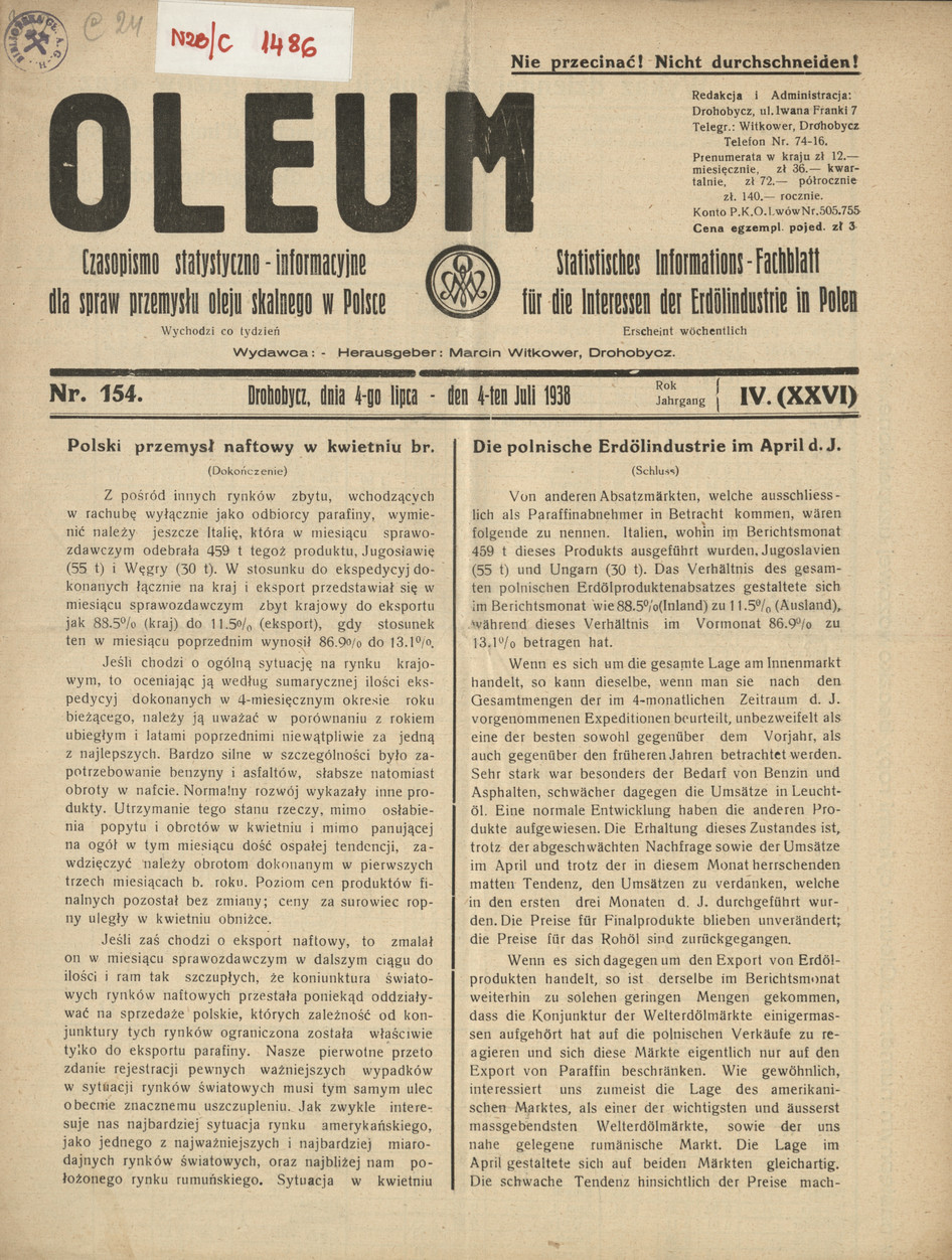 Oleum : czasopismo statystyczno-informacyjne dla spraw przemysłu oleju skalnego w Polsce, R. 4, nr 154