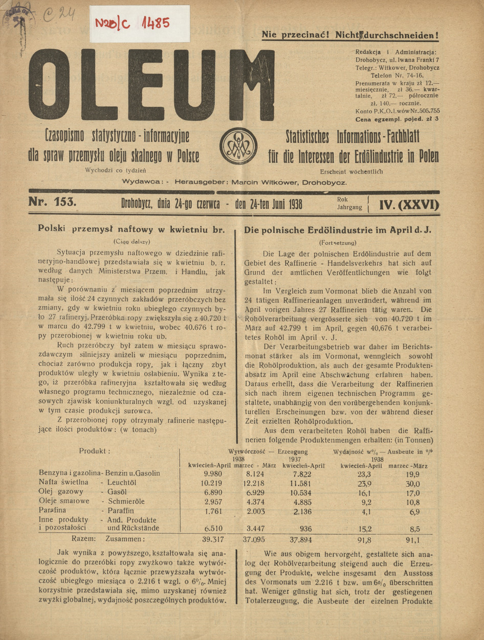 Oleum : czasopismo statystyczno-informacyjne dla spraw przemysłu oleju skalnego w Polsce, R. 4, nr 153