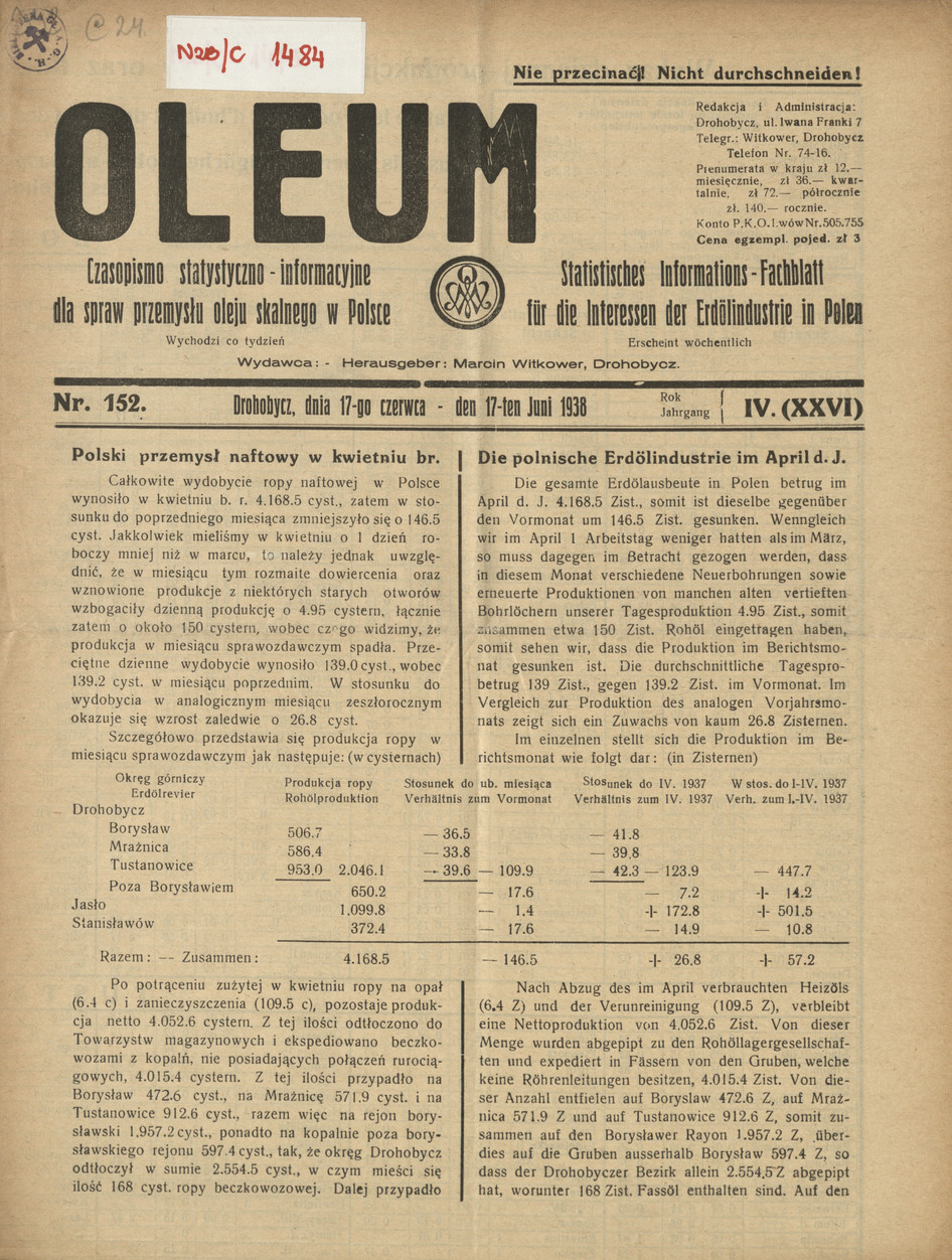 Oleum : czasopismo statystyczno-informacyjne dla spraw przemysłu oleju skalnego w Polsce, R. 4, nr 152