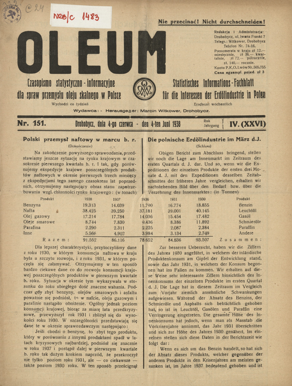 Oleum : czasopismo statystyczno-informacyjne dla spraw przemysłu oleju skalnego w Polsce, R. 4, nr 151