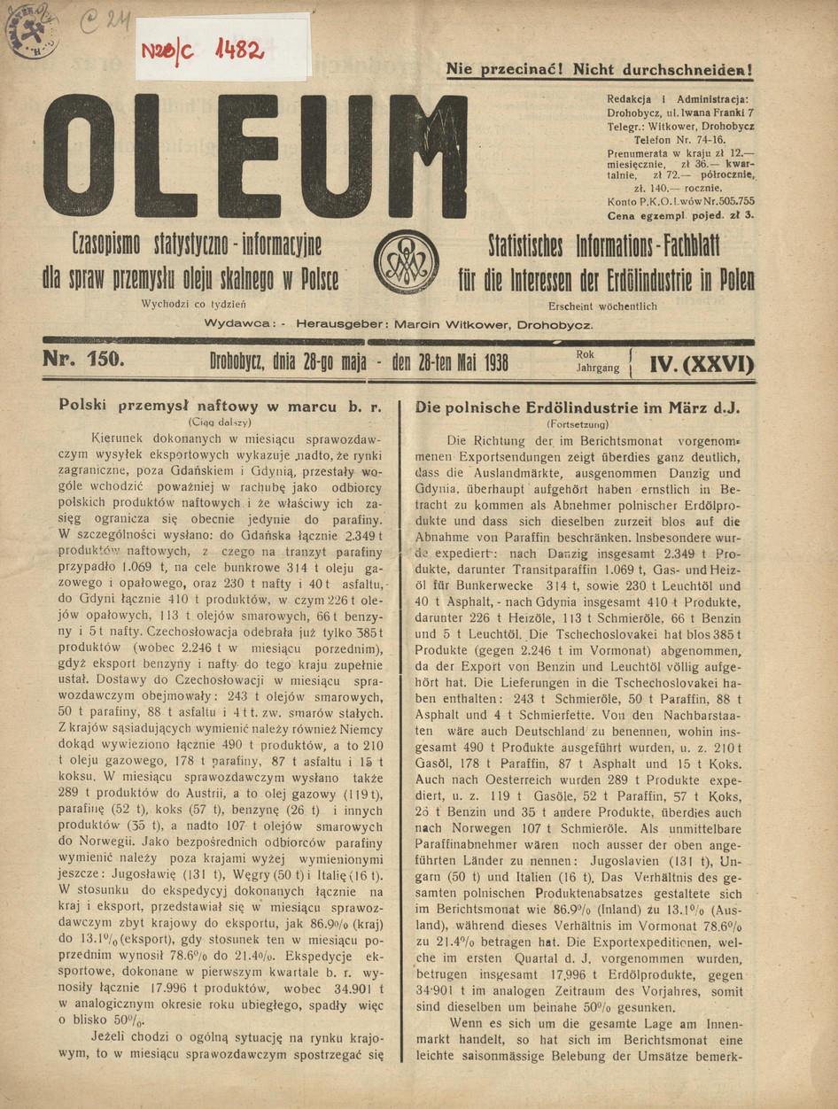 Oleum : czasopismo statystyczno-informacyjne dla spraw przemysłu oleju skalnego w Polsce, R. 4, nr 150