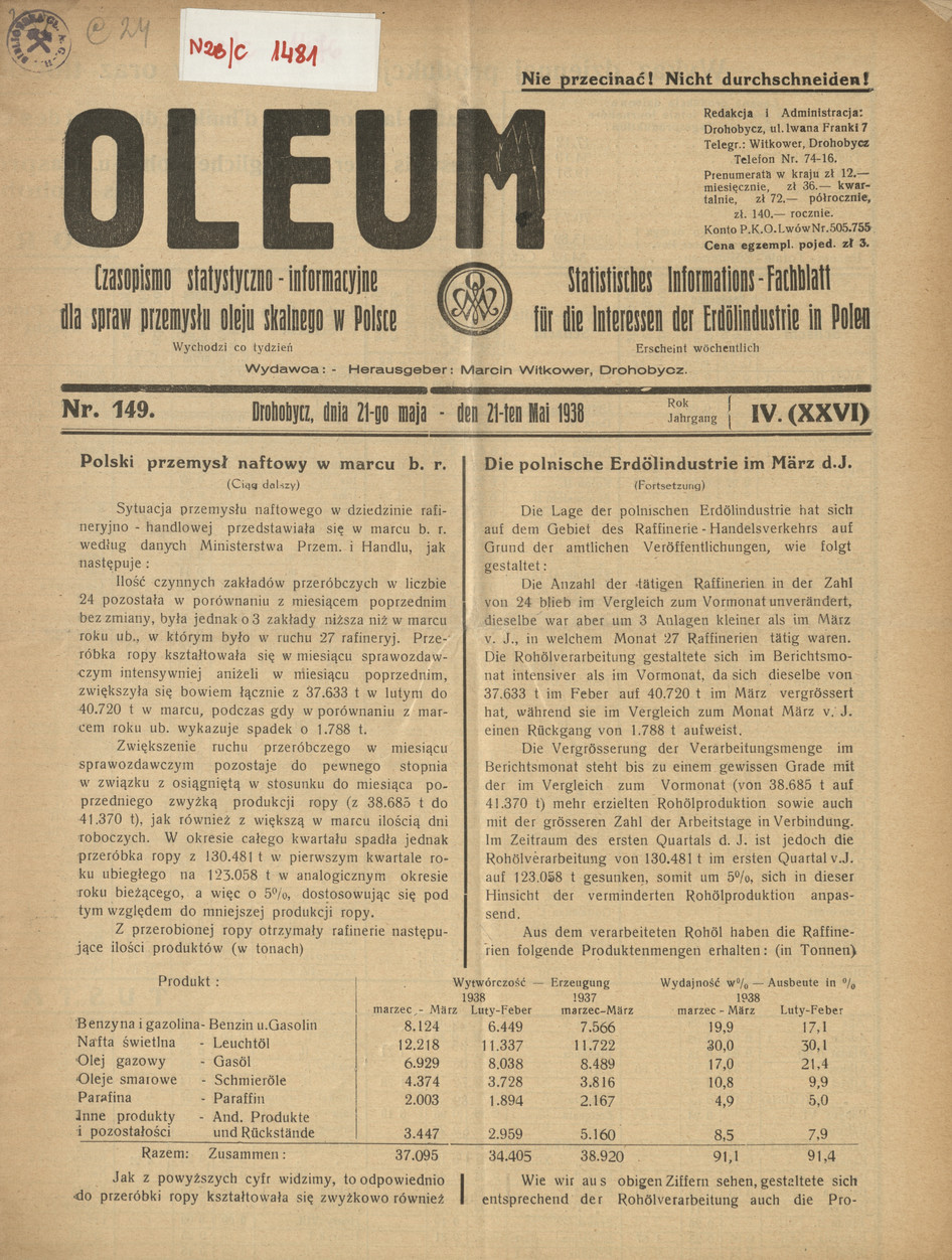 Oleum : czasopismo statystyczno-informacyjne dla spraw przemysłu oleju skalnego w Polsce, R. 4, nr 149