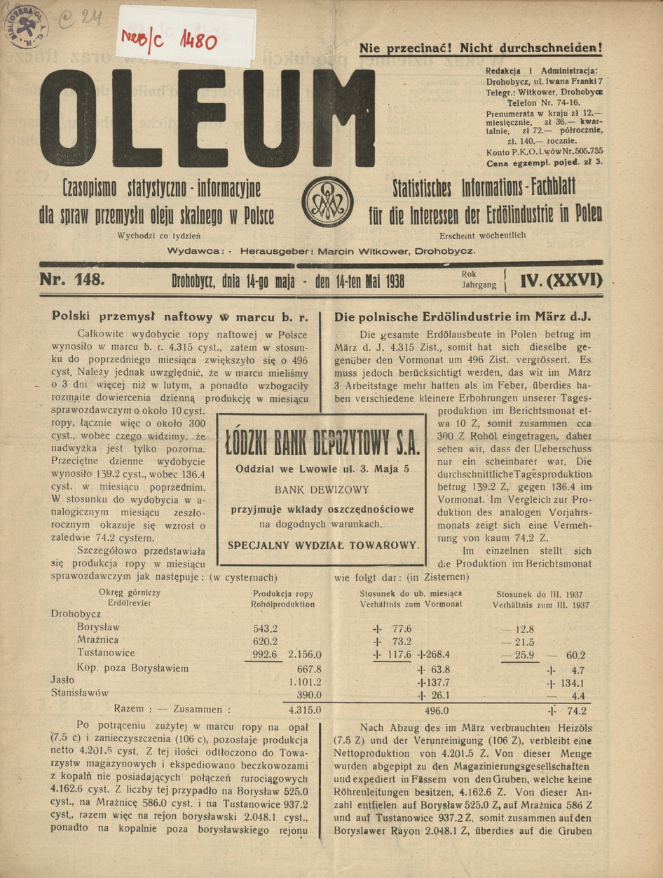 Oleum : czasopismo statystyczno-informacyjne dla spraw przemysłu oleju skalnego w Polsce, R. 4, nr 148