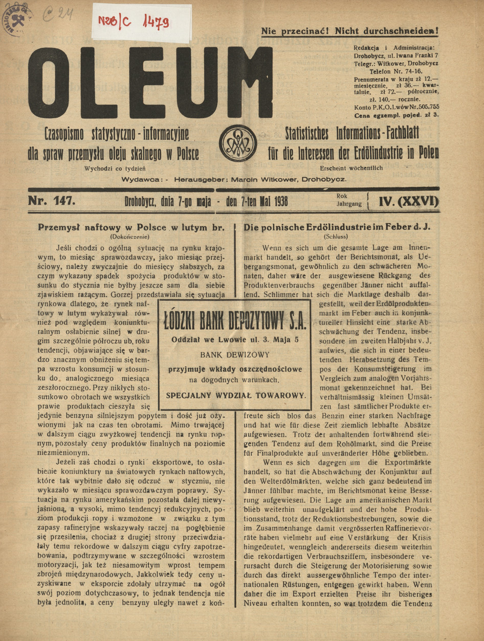 Oleum : czasopismo statystyczno-informacyjne dla spraw przemysłu oleju skalnego w Polsce, R. 4, nr 147
