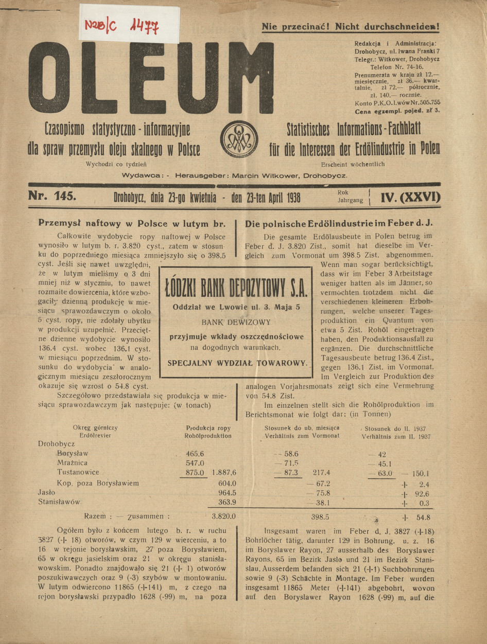Oleum : czasopismo statystyczno-informacyjne dla spraw przemysłu oleju skalnego w Polsce, R. 4, nr 145