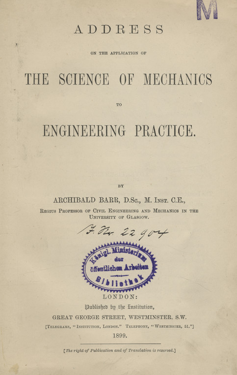Address on the applications of the science of mechanics to engineering practice