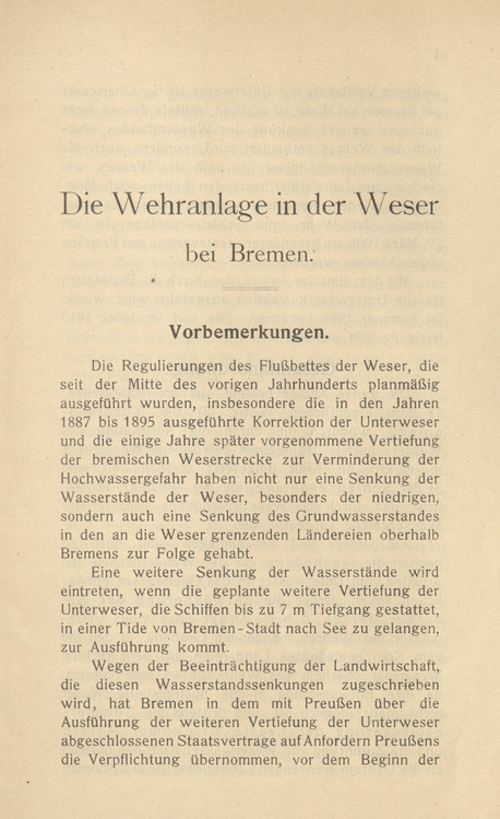 Die Wehranlage in der Weser bei Bremen : (Erläuterung zu den auf der Weltausstellung in Brüssel 1910 ausgestellten Zeichnungen)
