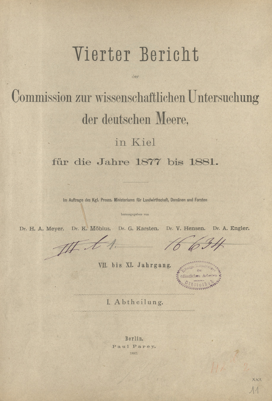 Vierter Bericht der Commission zur wissenschaftlichen Untersuchung der deutschen Meere in Kiel für die Jahre 1877 bis 1881 : VII. bis XI. Jahrgang. Abth. 1