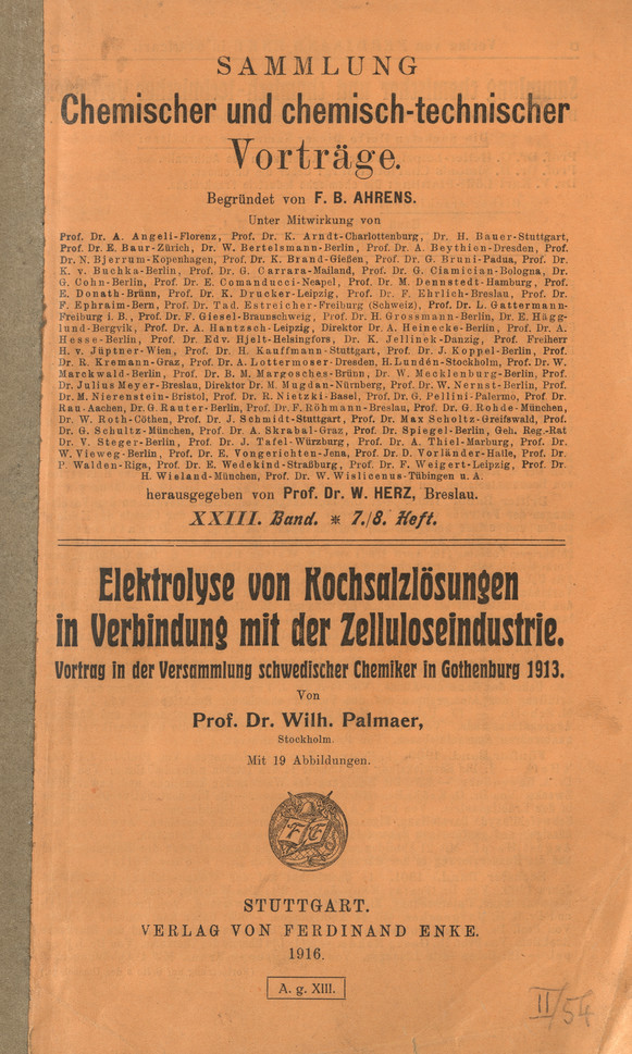 Elektrolyse von Kochsalzlösungen in Verbindung mit der Zelluloseindustrie : Vortrag in der Versammlung schwedischer Chemiker in Gothenburg 1913