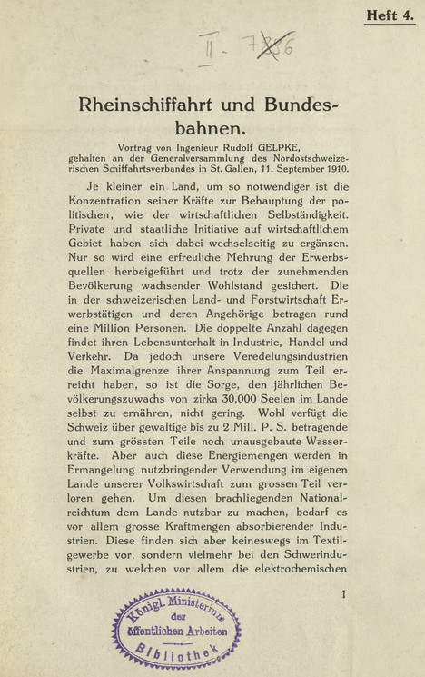 Rheinschiffahrt und Bundesbahnen : Vortrag, gehalten an der Generalversammlung des Nordostschweizerischen Schiffahrtsverbandes in St. Gallen, 11. September 1910