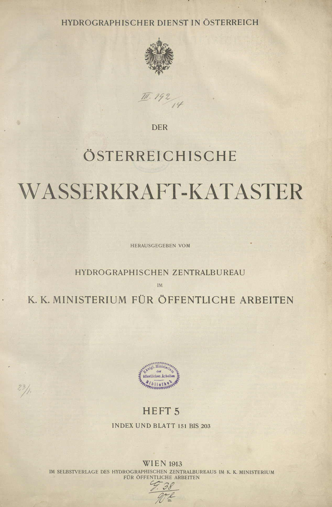 Der österreichische Wasserkraft-Kataster. H. 5, Indeks und Blatt 151 bis 203