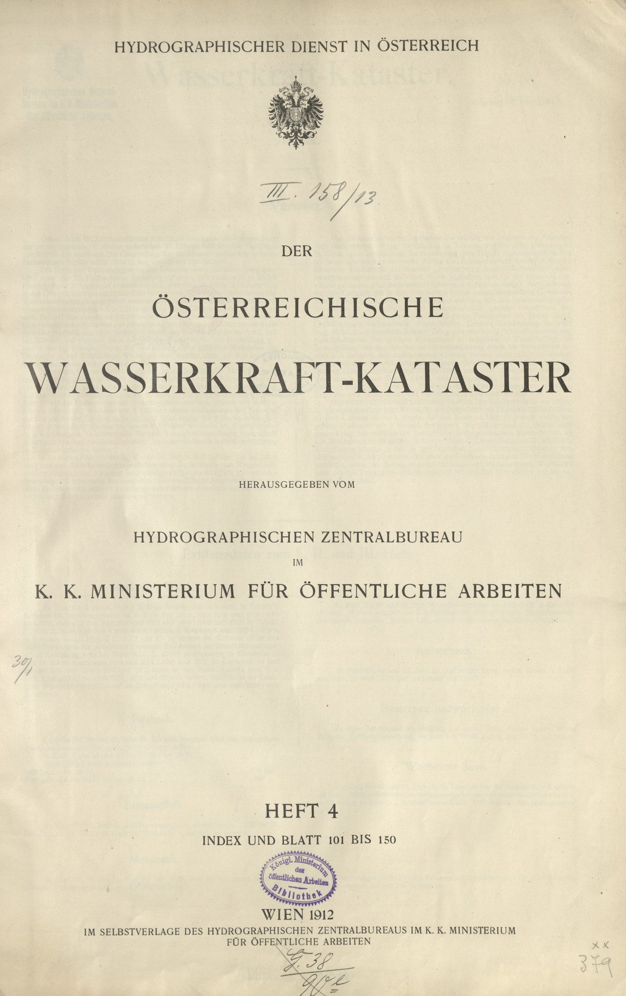 Der österreichische Wasserkraft-Kataster. H. 4, Indeks und Blatt 101 bis 150