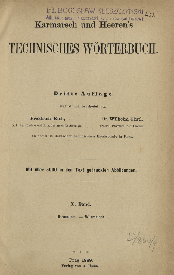 Karmarsch und Heeren&amp;#039;s Technisches Wörterbuch. Bd. 10, Ultramarin. - Wurmrinde