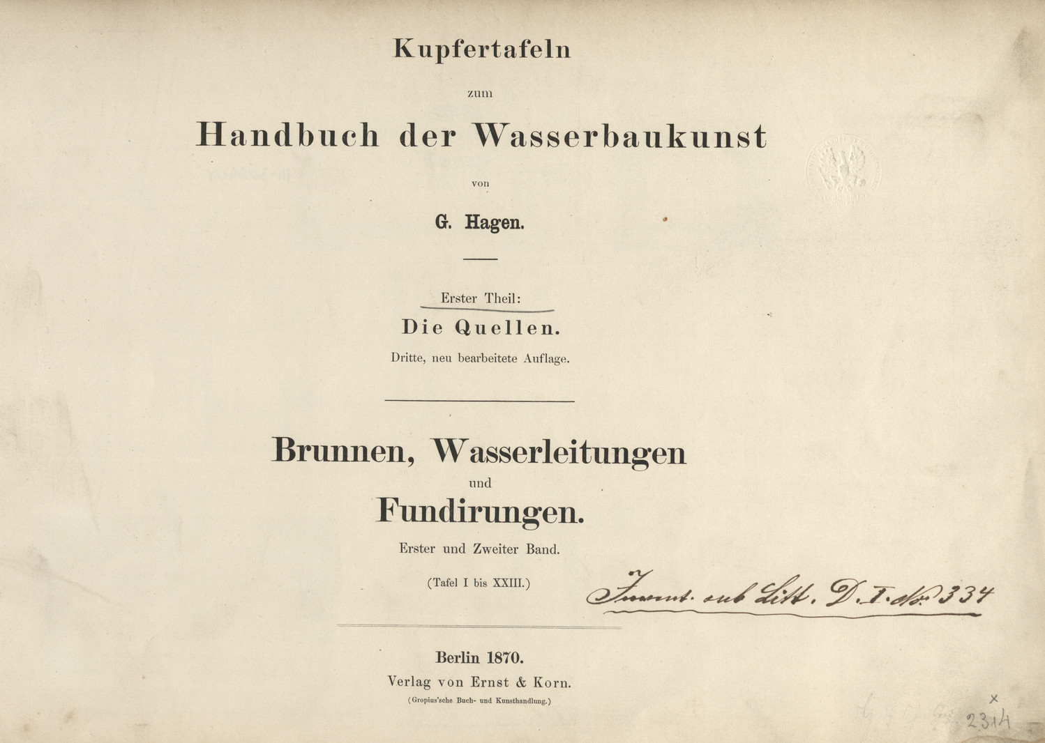 Kupfertafeln zum Handbuch der Wasserbaukunst. Theil 1, Die Quellen Bd. 1, 2, Brunnen, Wasserleitungen und Fundirungen
