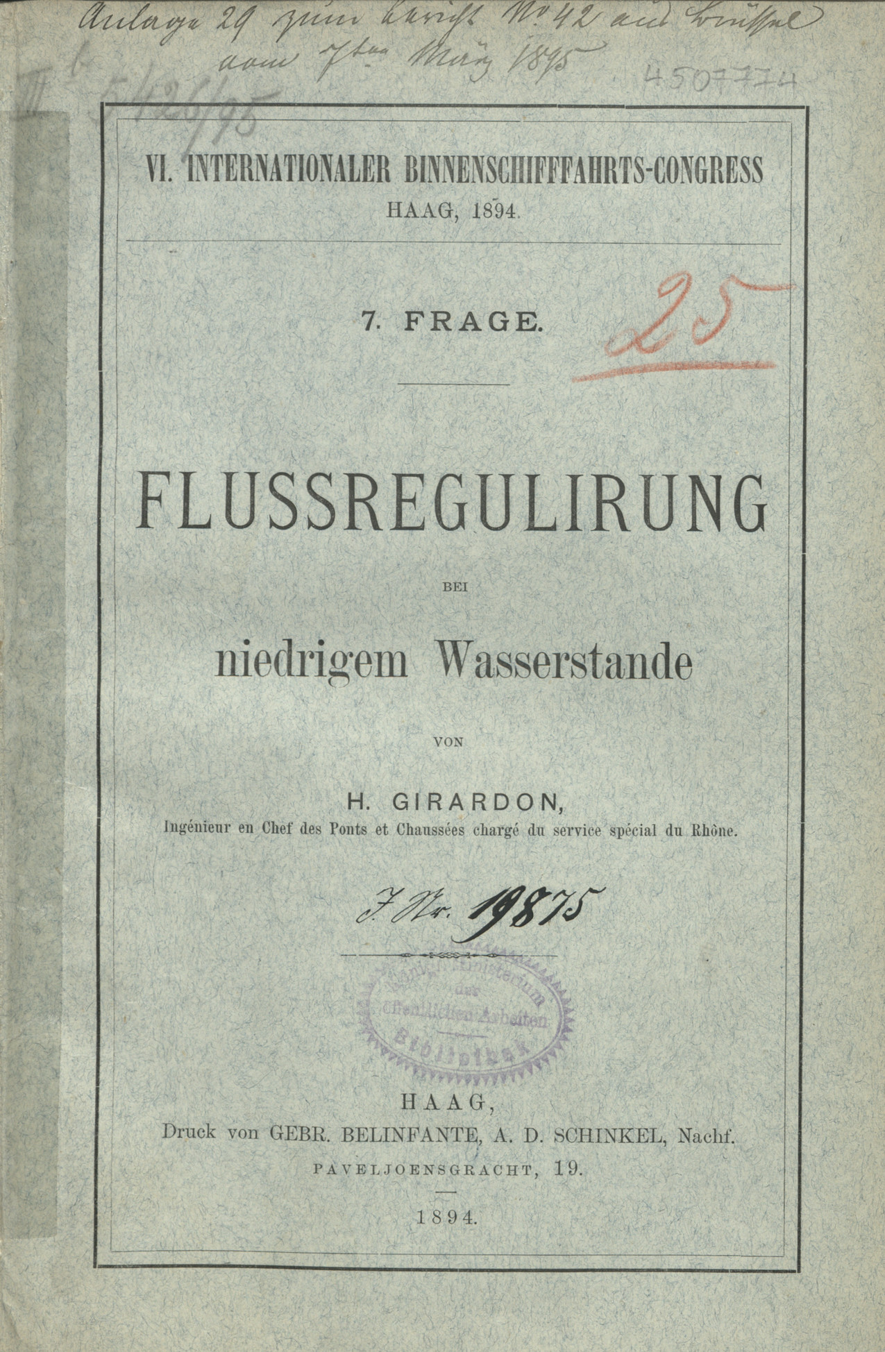 VI. Internationaler Binnenschifffahrts-Conress, Haag, 1894. Frage 7, Flussregulirung bei niedrigem Wasserstande