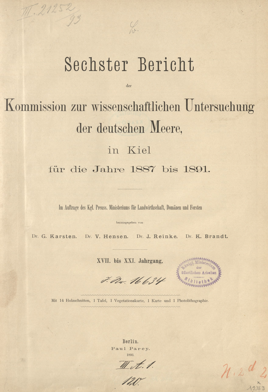 Sechster Bericht der Kommission zur wissenschaftlichen Untersuchung der deutschen Meere in Kiel für die Jahre 1887 bis 1889 : XVII. bis XIX. Jahrgang. H. 1