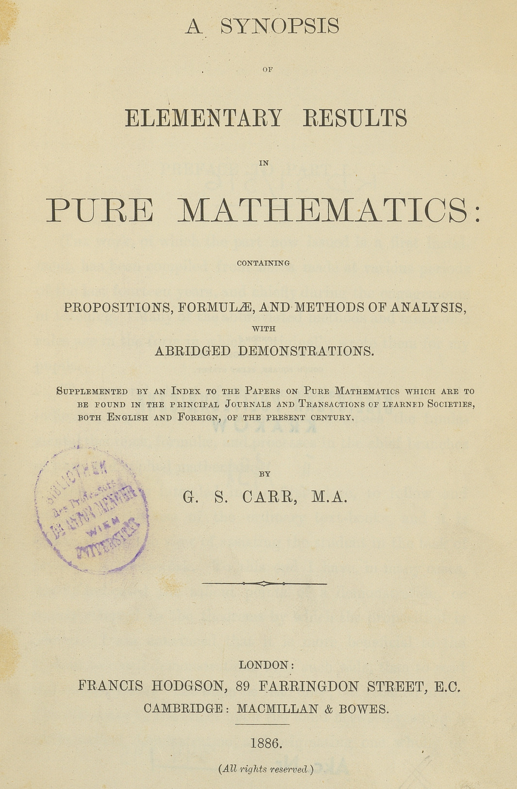 A synopsis of elementary results in pure mathematics : containing propositions. formulæ, and methods of analysis, with abridged demonstrations
