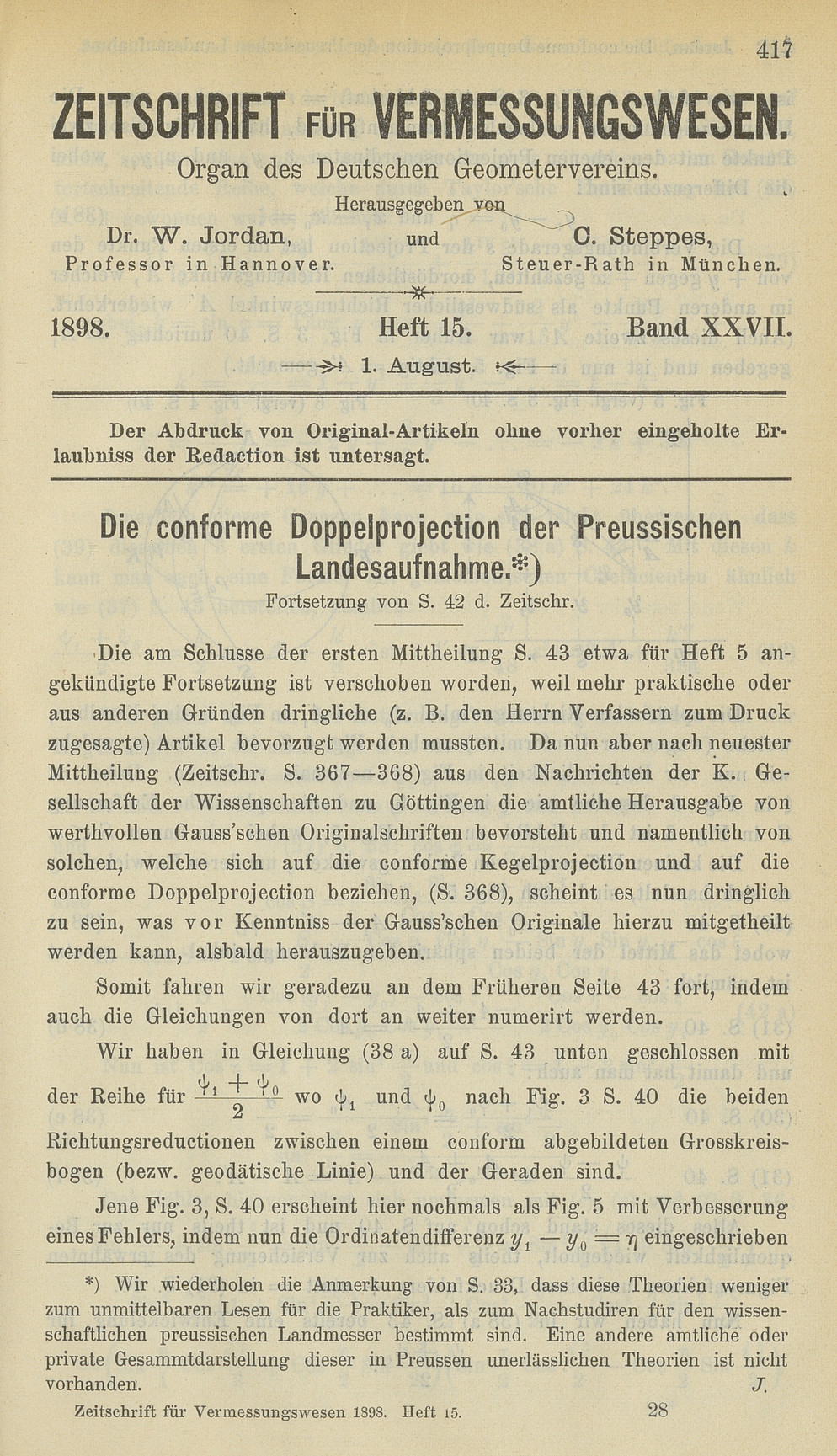 Zeitschrift für Vermessungswesen, Heft 15, Band XXVII