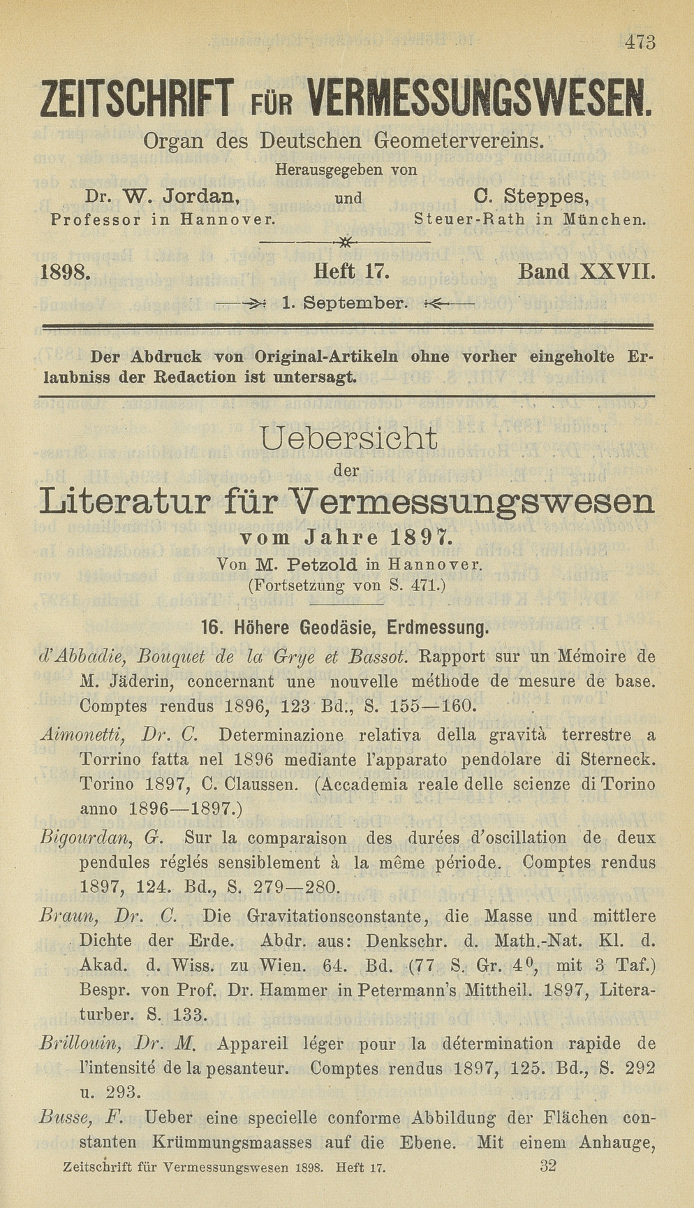 Zeitschrift für Vermessungswesen, Heft 17, Band XXVII