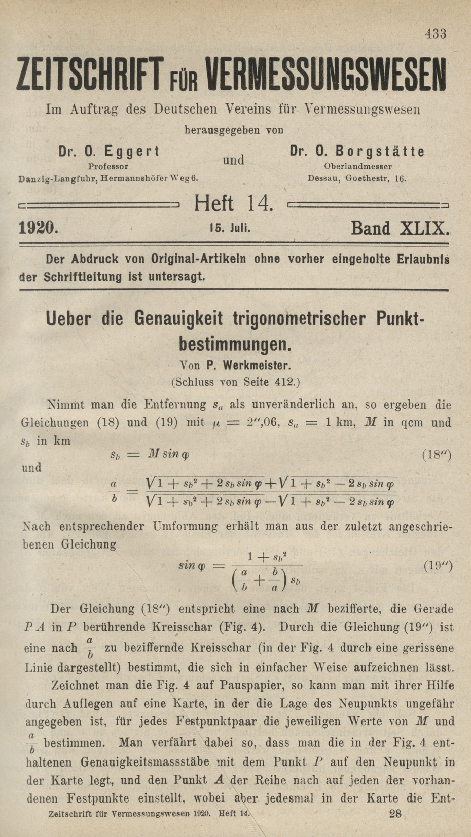 Zeitschrift für Vermessungswesen, Heft 14, Band XLIX