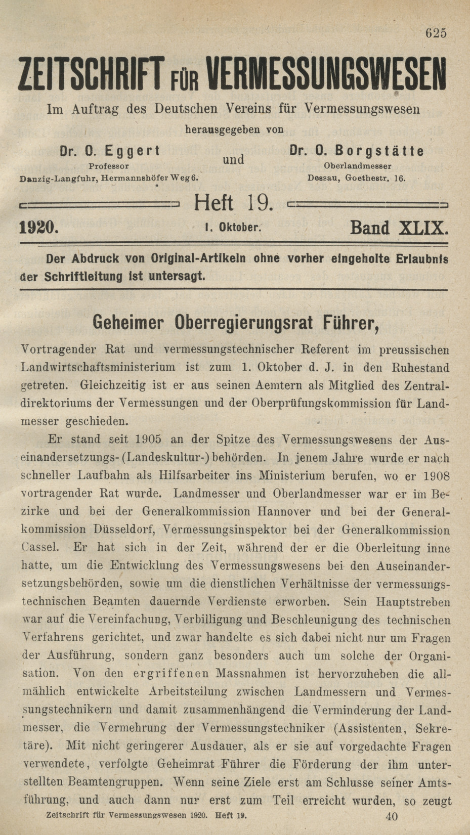 Zeitschrift für Vermessungswesen, Heft 19, Band XLIX