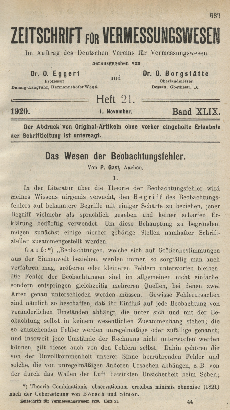 Zeitschrift für Vermessungswesen, Heft 21, Band XLIX