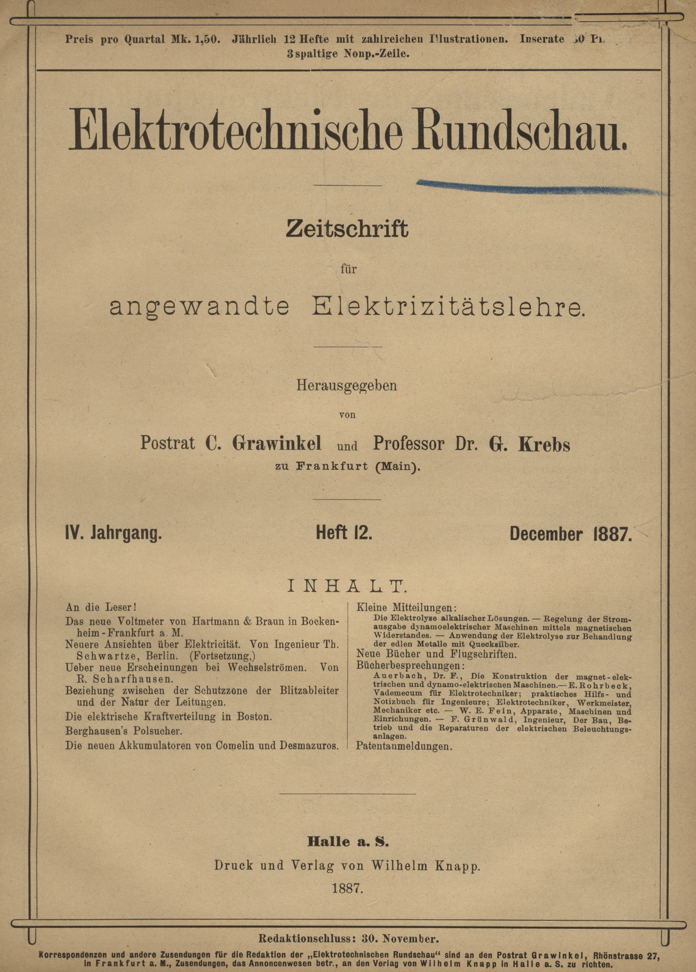 Elektrotechnische Rundschau : zeitschrift fur angewandte Elektrizitatslehre, IV. Jahrgang, Heft 12