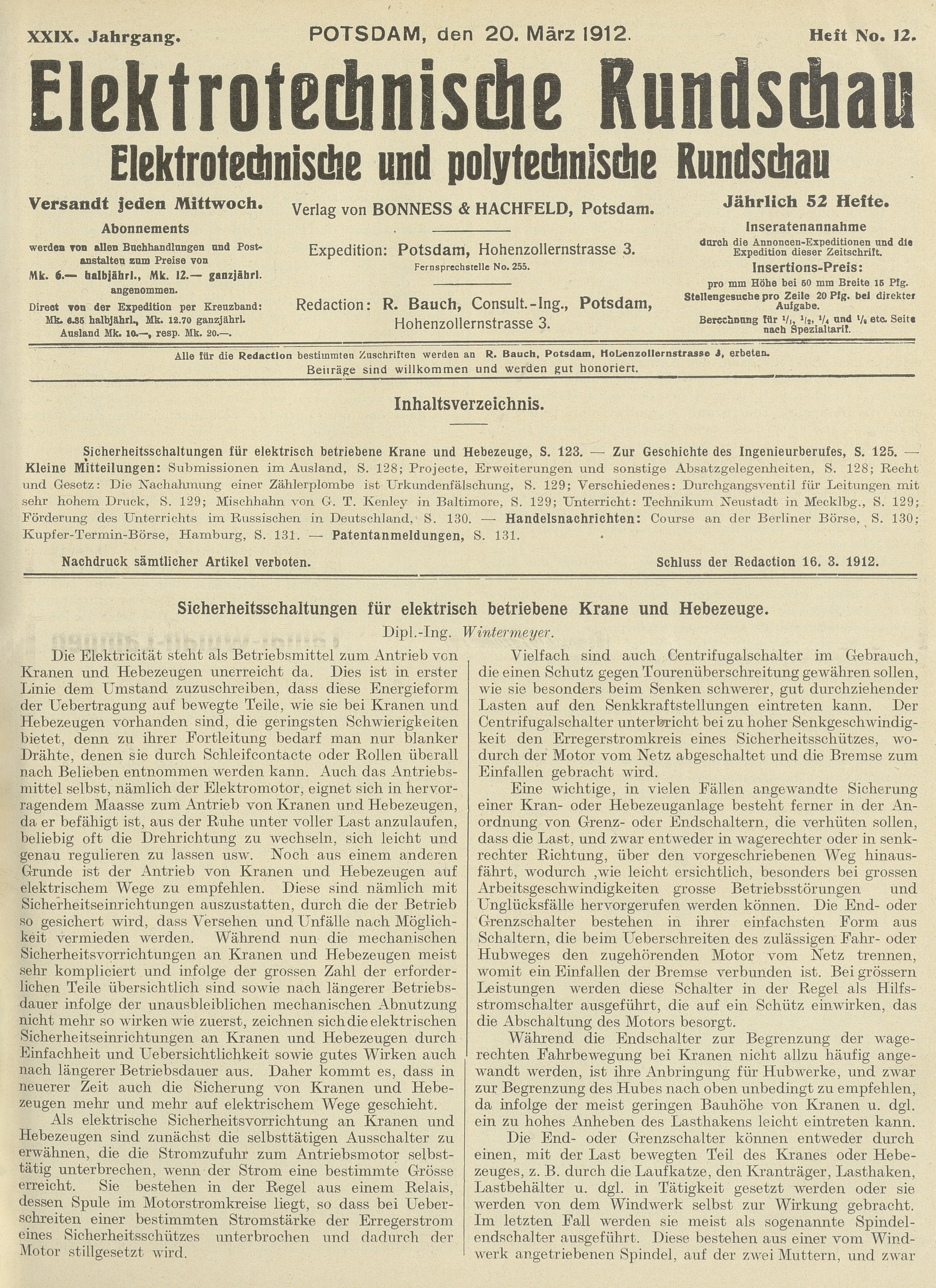 Elektrotechnische Rundschau : Elektrotechnische und polytechnische Rundschau, XXIX. Jahrgang, Heft No. 12