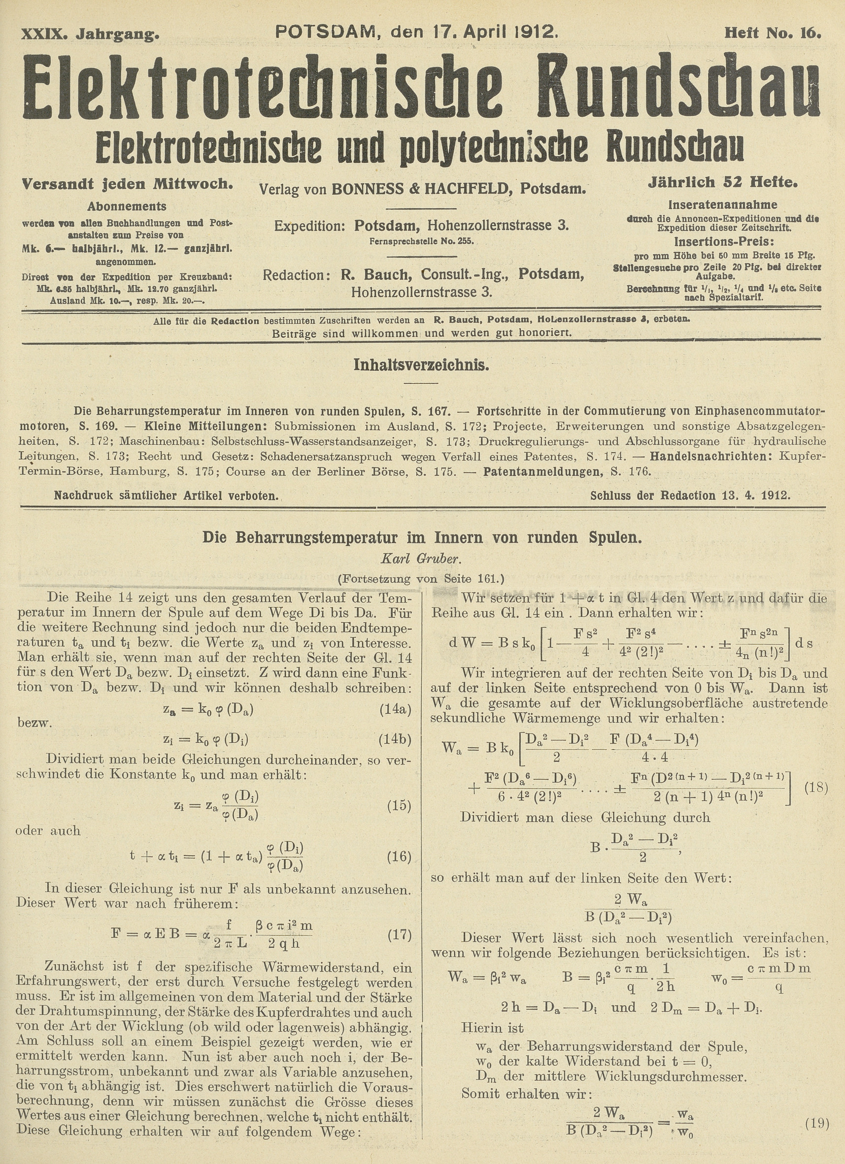 Elektrotechnische Rundschau : Elektrotechnische und polytechnische Rundschau, XXIX. Jahrgang, Heft No. 16