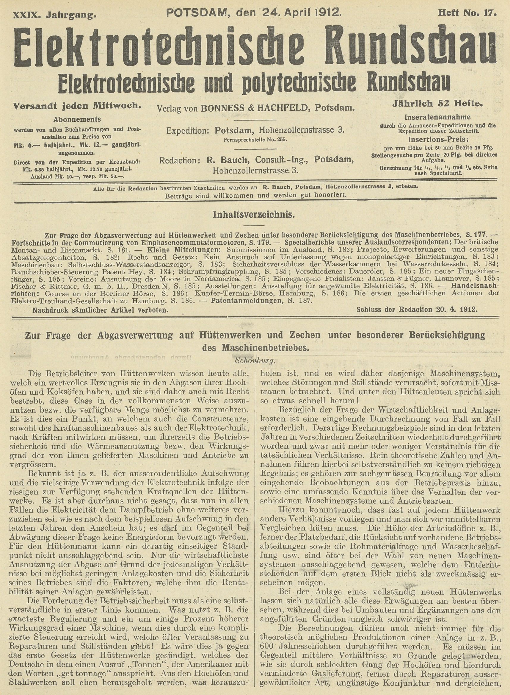 Elektrotechnische Rundschau : Elektrotechnische und polytechnische Rundschau, XXIX. Jahrgang, Heft No. 17