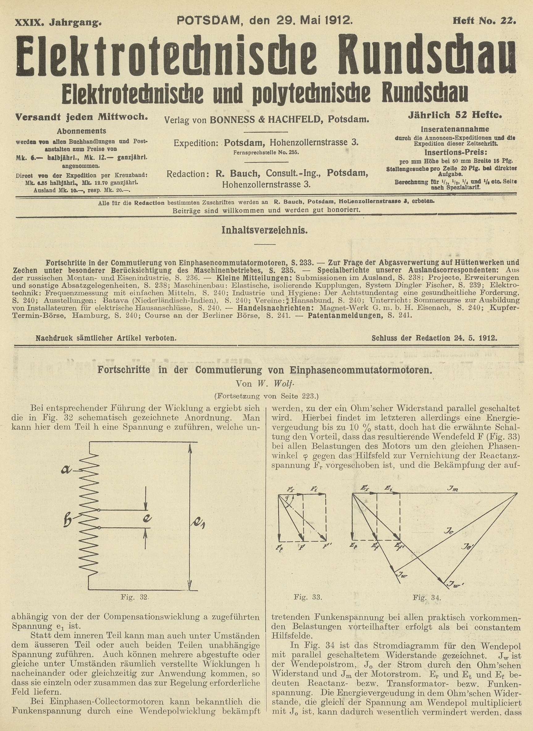 Elektrotechnische Rundschau : Elektrotechnische und polytechnische Rundschau, XXIX. Jahrgang, Heft No. 22