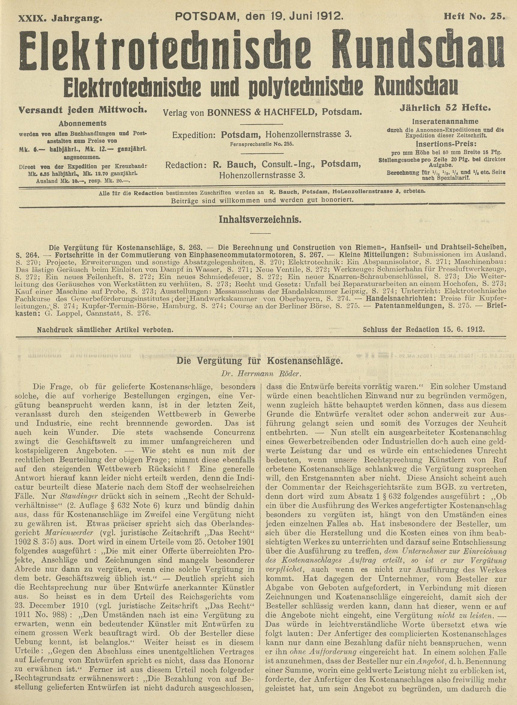 Elektrotechnische Rundschau : Elektrotechnische und polytechnische Rundschau, XXIX. Jahrgang, Heft No. 25