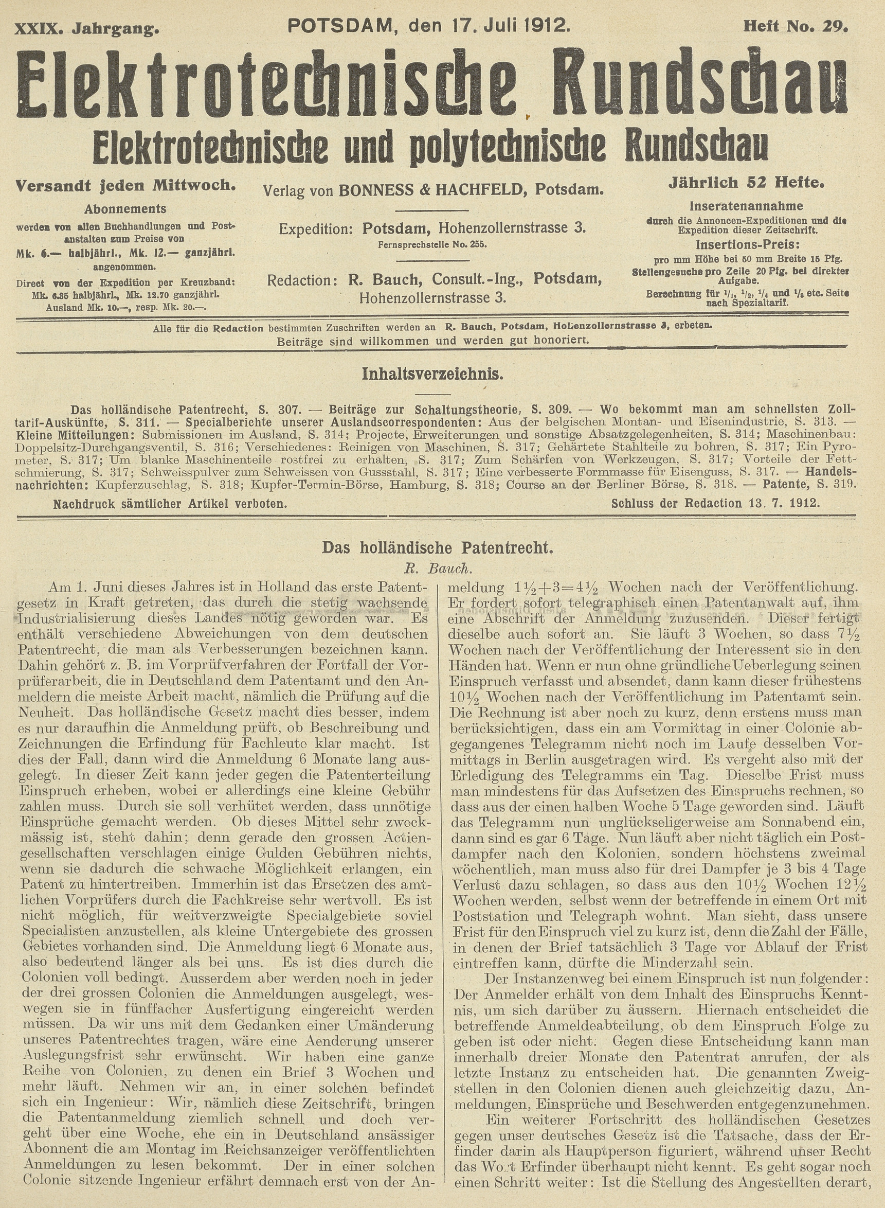 Elektrotechnische Rundschau : Elektrotechnische und polytechnische Rundschau, XXIX. Jahrgang, Heft No. 29