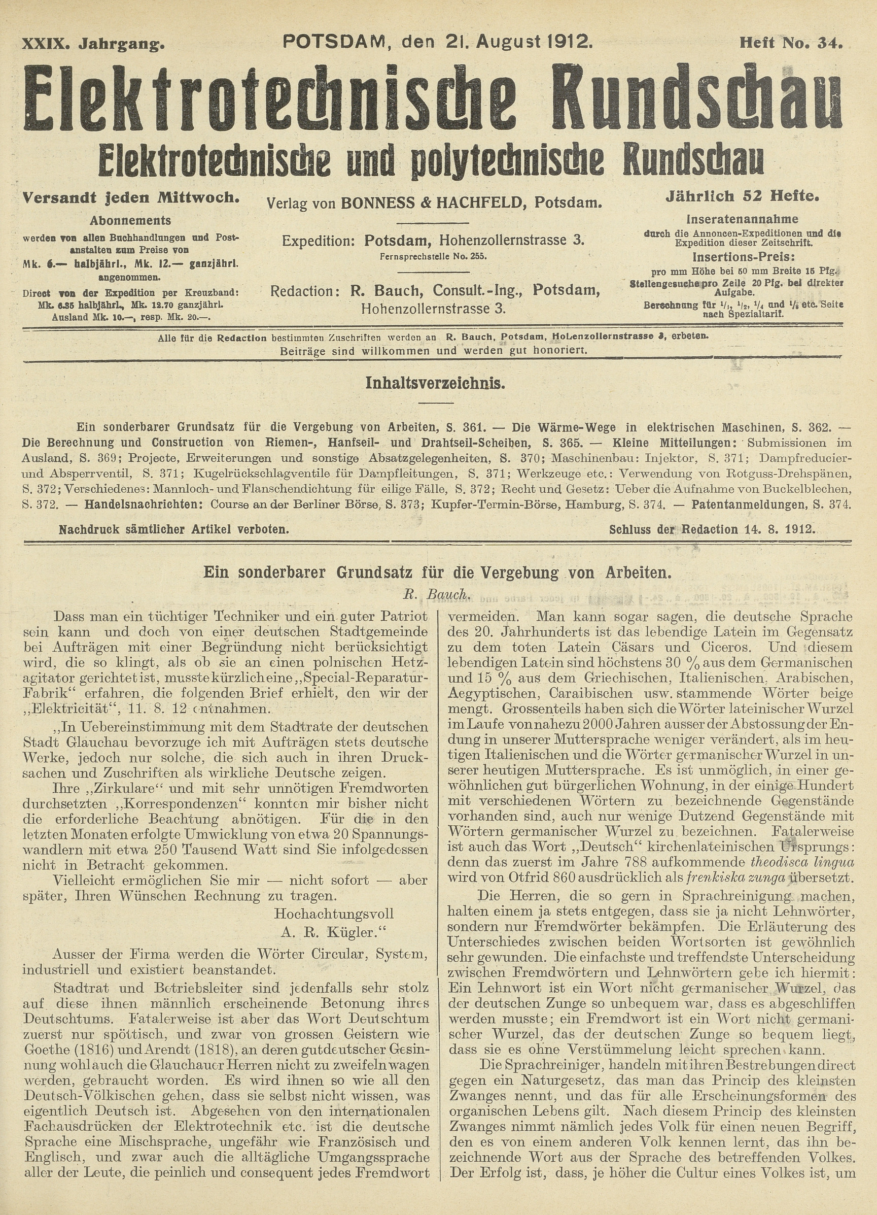 Elektrotechnische Rundschau : Elektrotechnische und polytechnische Rundschau, XXIX. Jahrgang, Heft No. 34