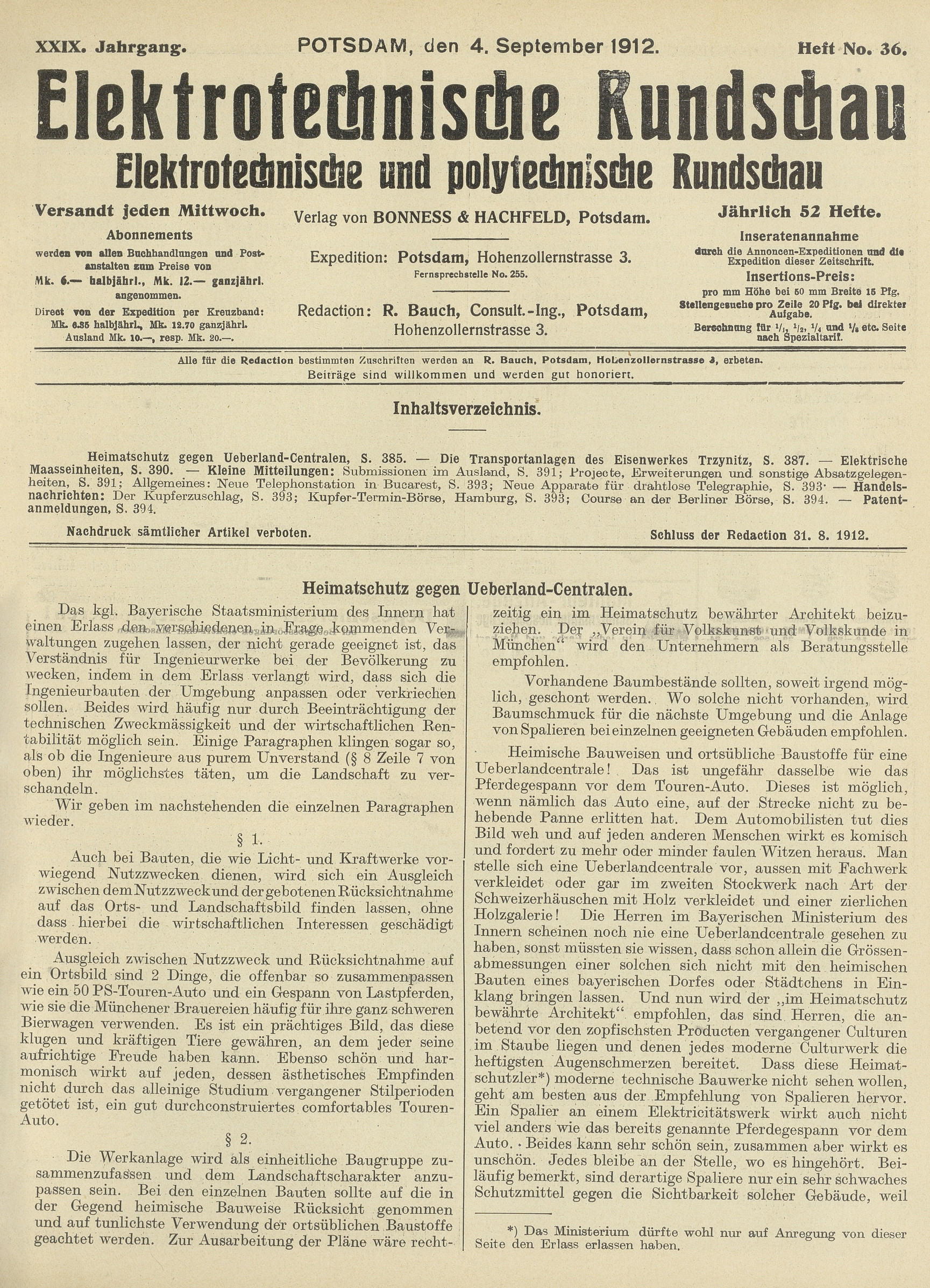 Elektrotechnische Rundschau : Elektrotechnische und polytechnische Rundschau, XXIX. Jahrgang, Heft No. 36