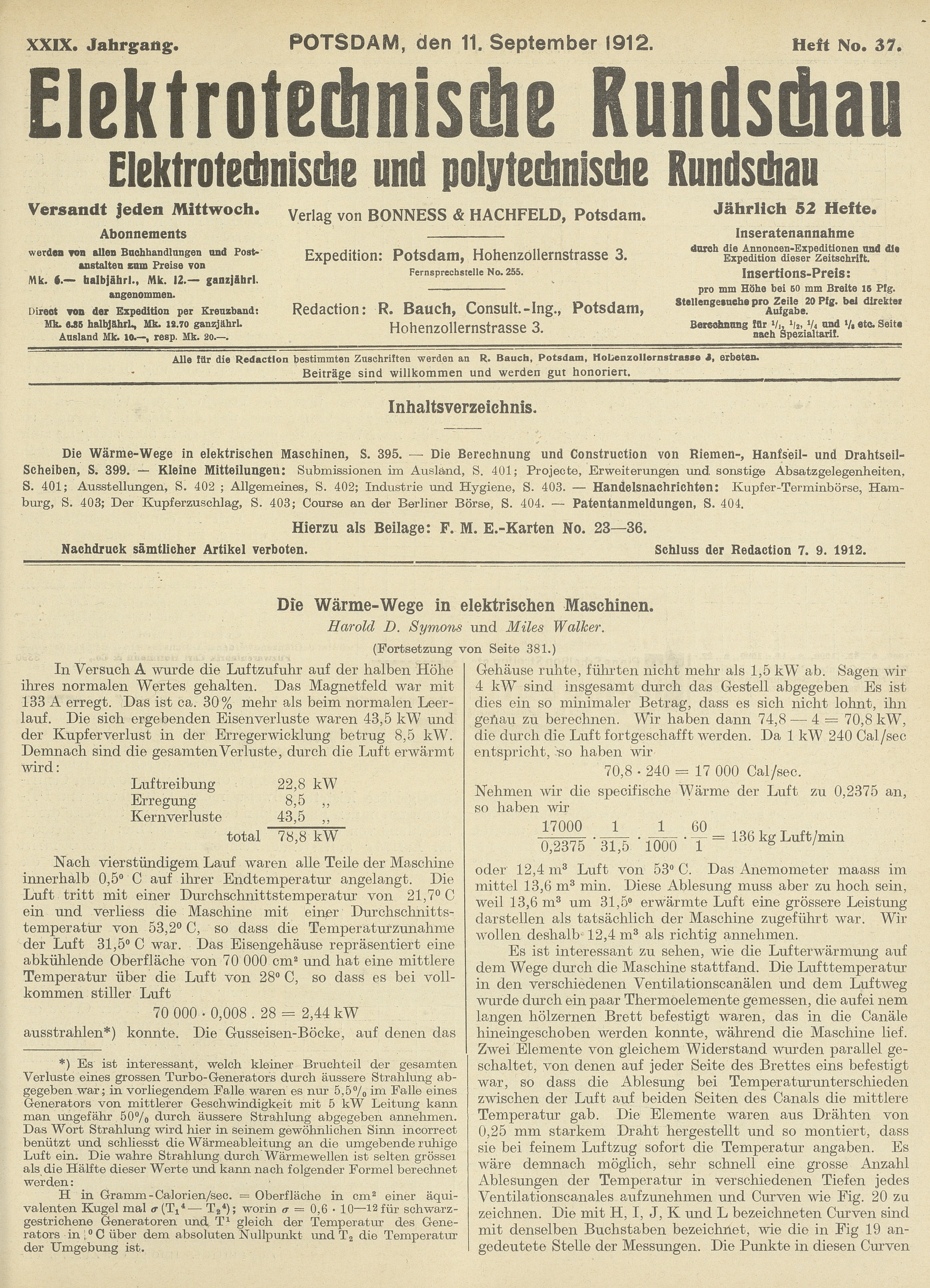 Elektrotechnische Rundschau : Elektrotechnische und polytechnische Rundschau, XXIX. Jahrgang, Heft No. 37