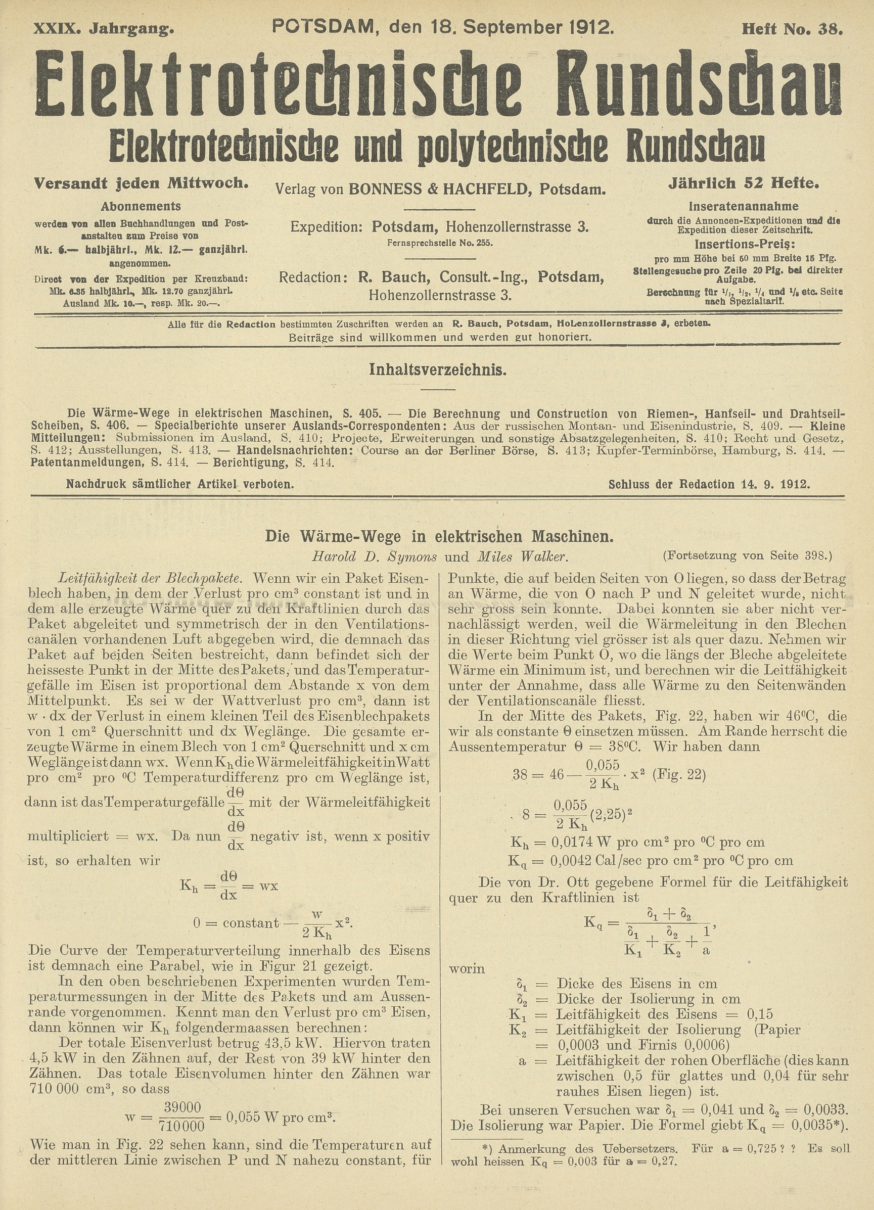 Elektrotechnische Rundschau : Elektrotechnische und polytechnische Rundschau, XXIX. Jahrgang, Heft No. 38