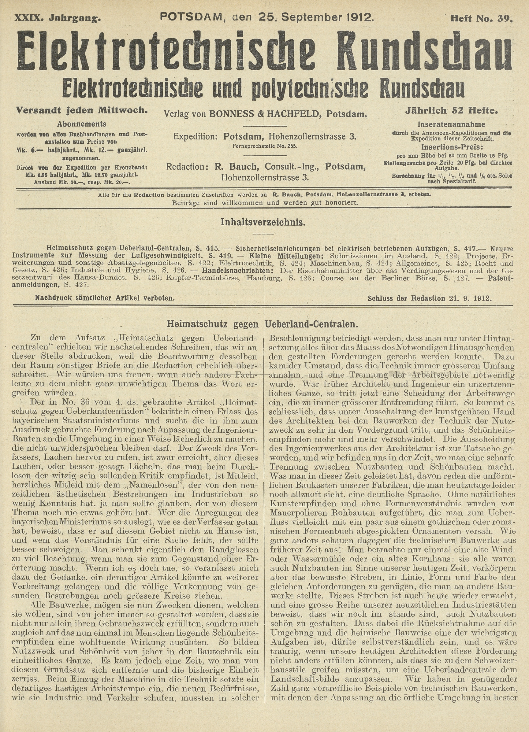 Elektrotechnische Rundschau : Elektrotechnische und polytechnische Rundschau, XXIX. Jahrgang, Heft No. 39