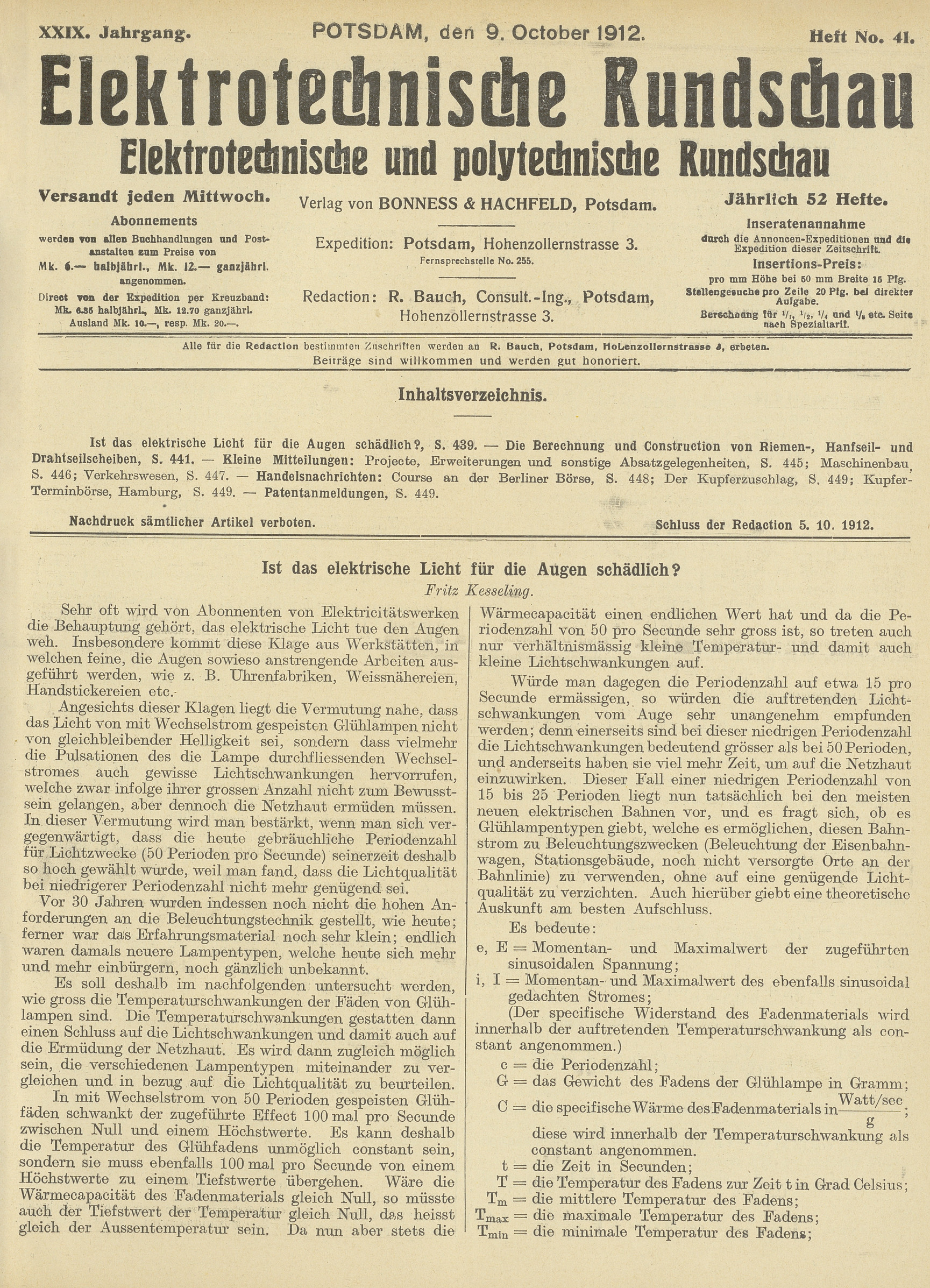 Elektrotechnische Rundschau : Elektrotechnische und polytechnische Rundschau, XXIX. Jahrgang, Heft No. 41