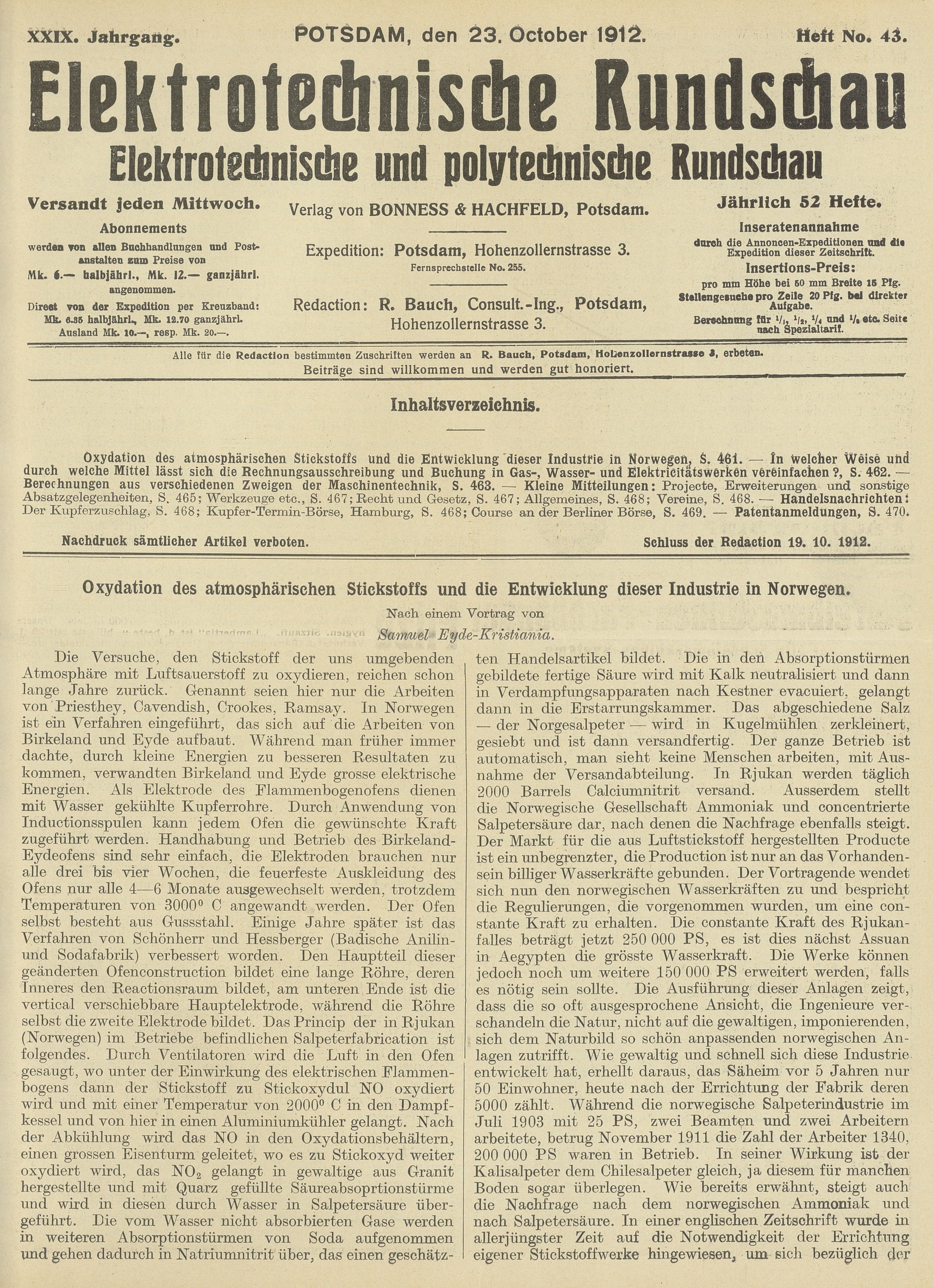 Elektrotechnische Rundschau : Elektrotechnische und polytechnische Rundschau, XXIX. Jahrgang, Heft No. 43