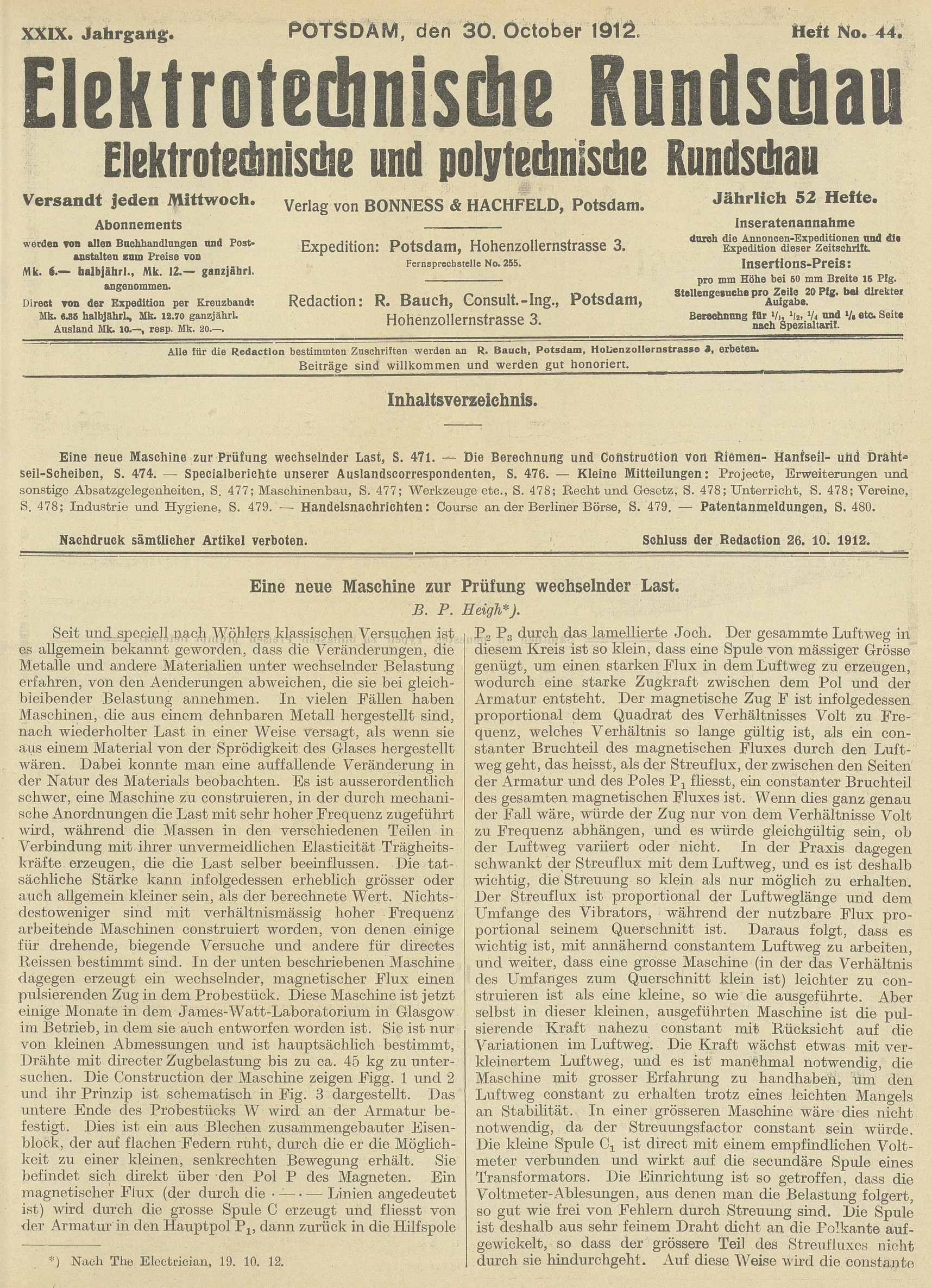 Elektrotechnische Rundschau : Elektrotechnische und polytechnische Rundschau, XXIX. Jahrgang, Heft No. 44