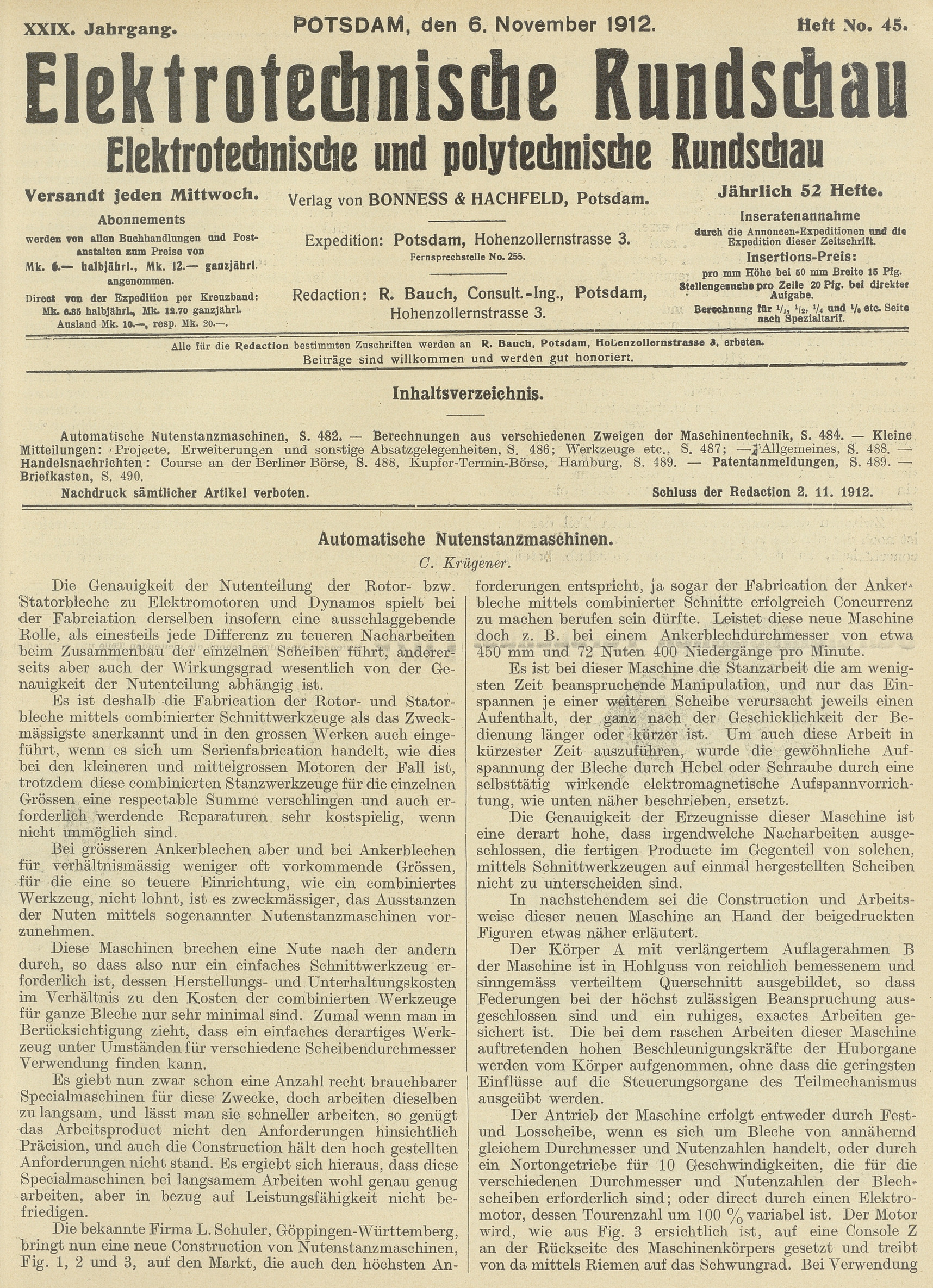 Elektrotechnische Rundschau : Elektrotechnische und polytechnische Rundschau, XXIX. Jahrgang, Heft No. 45