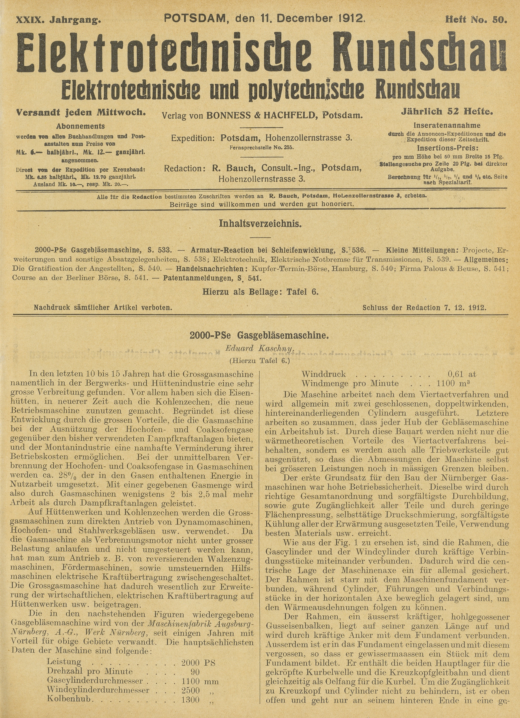 Elektrotechnische Rundschau : Elektrotechnische und polytechnische Rundschau, XXIX. Jahrgang, Heft No. 50