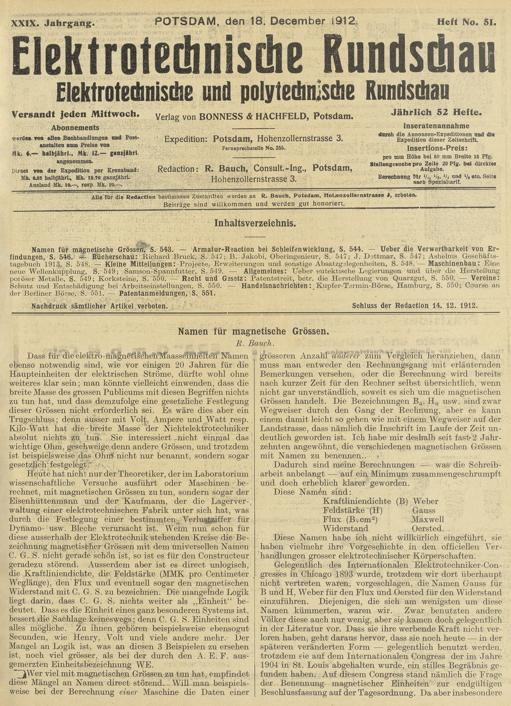 Elektrotechnische Rundschau : Elektrotechnische und polytechnische Rundschau, XXIX. Jahrgang, Heft No. 51